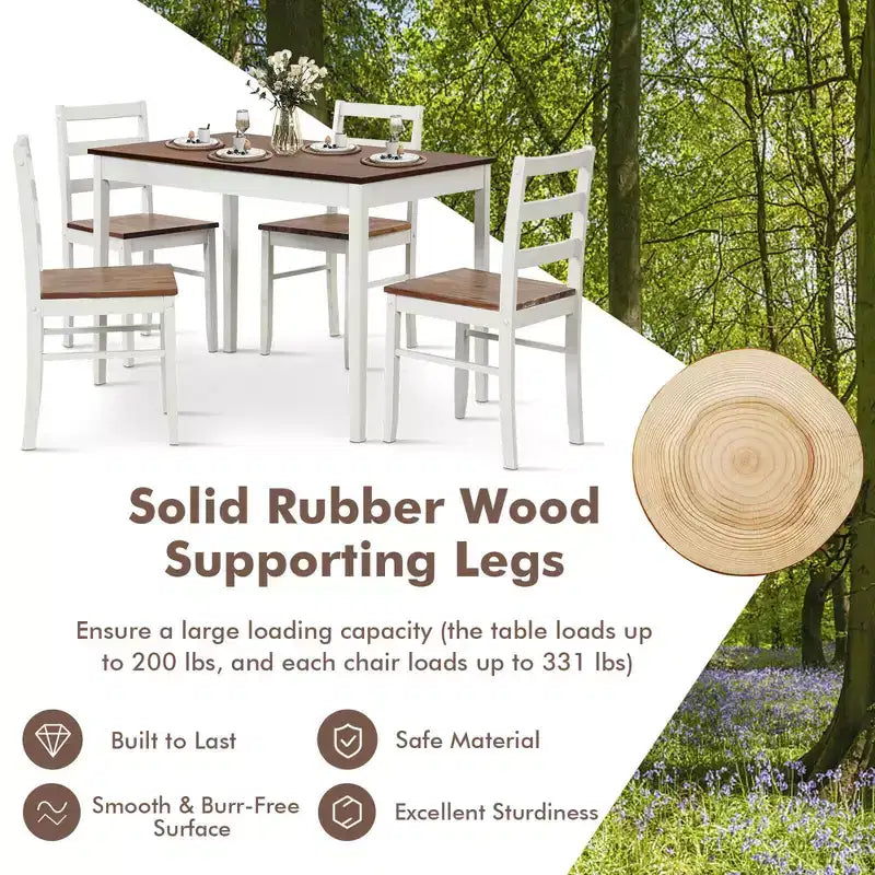 Costway 5-teiliges Esszimmer-Set Massivholz Küchenmöbel mit rechteckigem Tisch & 4 Stühlen Natur/Kaffee/Grau