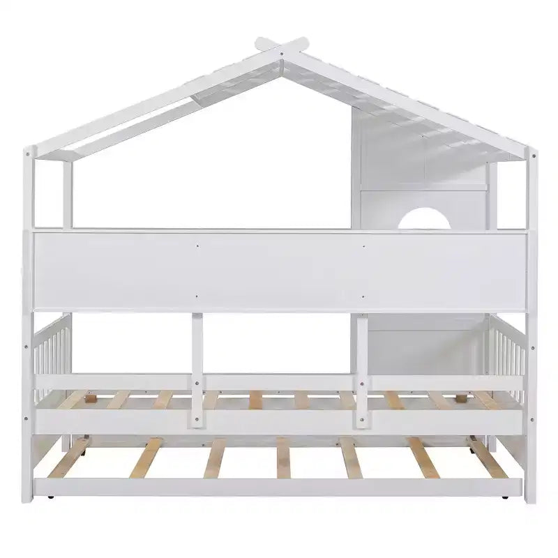 Hausbett für Kinder in Twin-Größe mit Ausziehbett und Ablagefach, Weiß