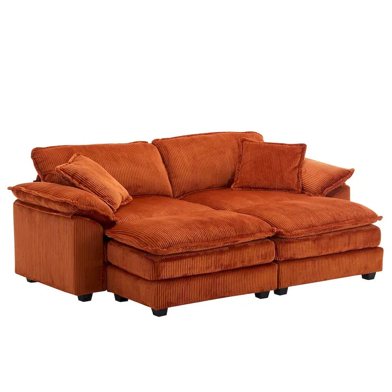 Modernes 2-Sitzer-Sofa aus Cord mit 4 Stützkissen und 2 Hockern