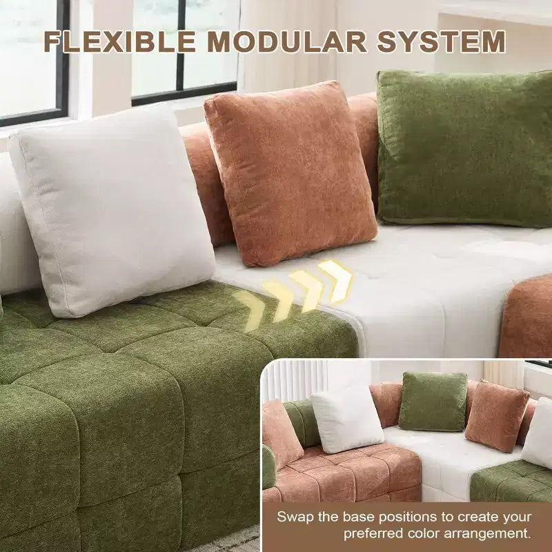 280 cm breites, modulares 4-Sitzer-Sofa aus Chenille im Colorblock-Design mit geschwungenen Armlehnen