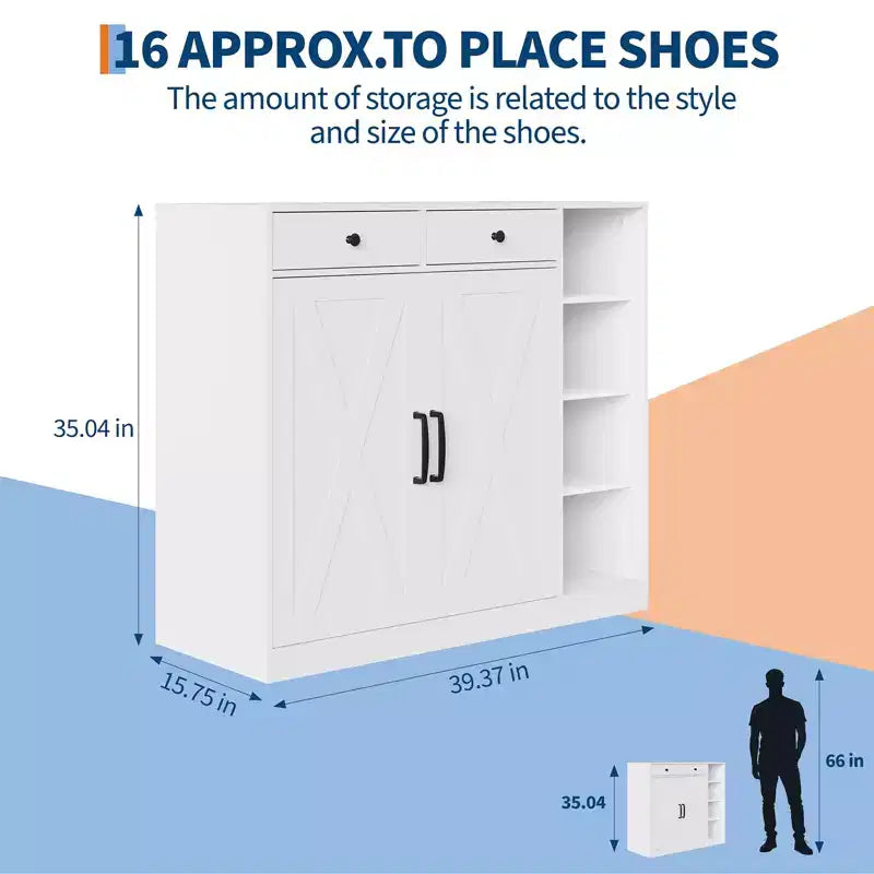 Schuhschrank, Schuhaufbewahrungsschrank im Landhausstil mit 2 Stalltüren, Schubladen, verstellbaren Einlegeböden & Haken für Eingangsbereich und Flur