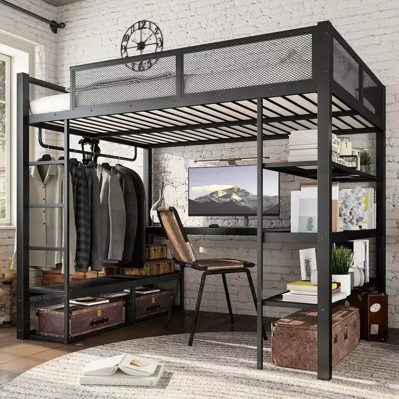 Bellemave Queensize-Metallhochbett mit Schreibtisch, Ablagefächern und Kleiderstange, platzsparendes Hochbettgestell mit Schutzgittern und Leiter, kein Lattenrost erforderlich, Schwarz