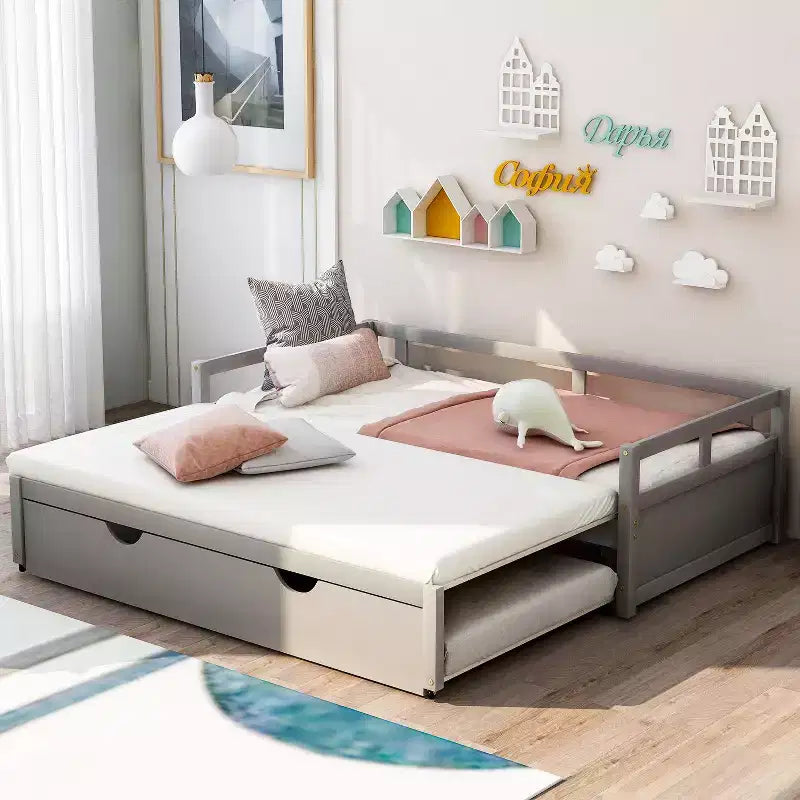 Okak Twin Size ausziehbares Design-Tagesbett mit Bettkasten/Schubladen & Sicherheitsgitter, Massivholz-Plattformbettgestell für Teenager, Erwachsene