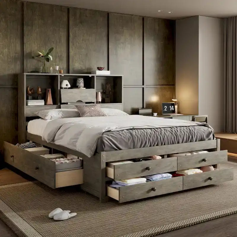 Graues modernes Queen-Size-Holzbett mit Stauraum-Kopfteil und 8 Schubladen