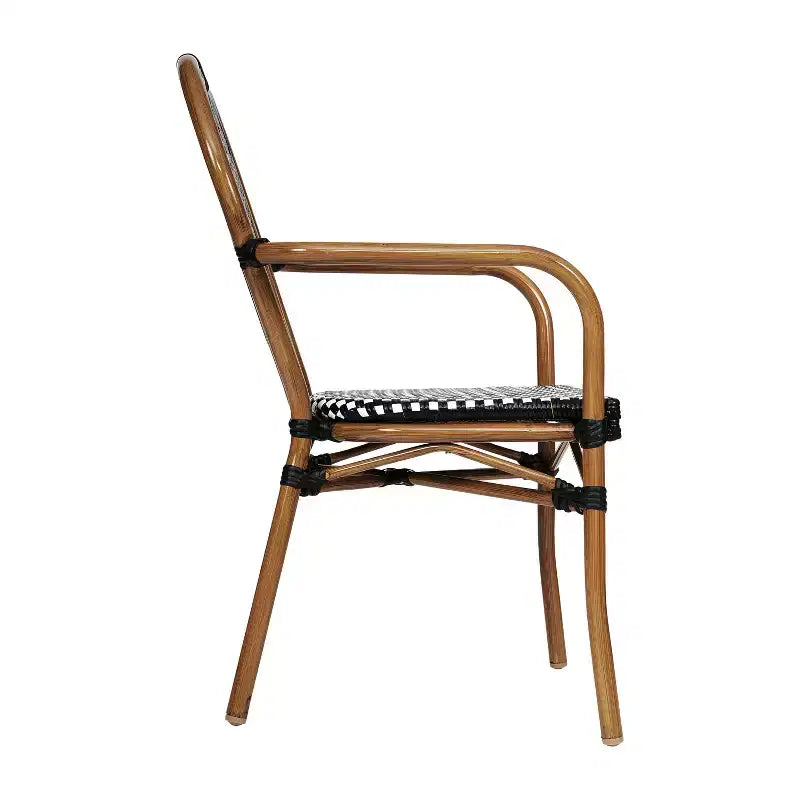 Flash Furniture 4er-Set Lourdes Indoor/Outdoor Gastro-Bistro-Stapelstuhl mit Armlehnen im Thonet-Stil, PE-Rattan und Aluminiumgestell