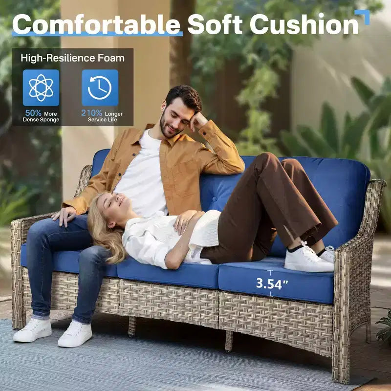 HOMLUX 6-teiliges Terrassen-Loungeset aus Polyrattan mit 3-Sitzer-Sofa und Polstern, Rattanstühlen, Hockern und Couchtisch