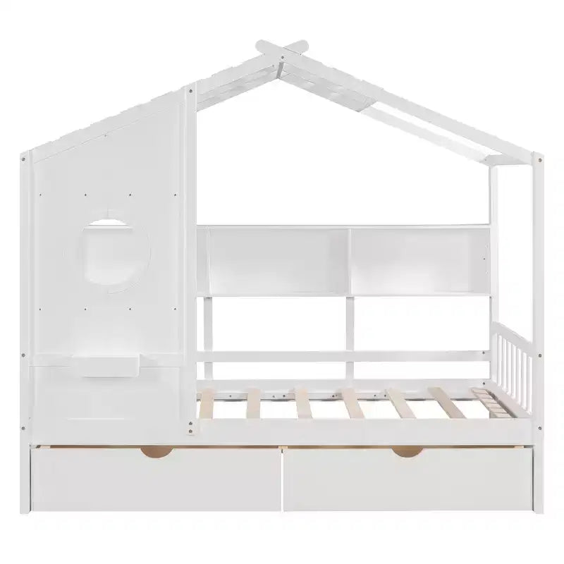 Whisen Hausbett für Kinder in Einzelbettgröße, Spielhausbett mit 2 Schubladen und Ablagefach
