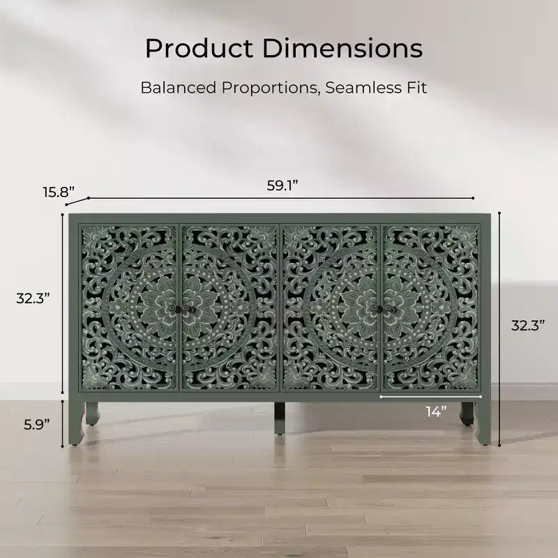 Buffetschrank mit Stauraum, rustikaler Aufbewahrungsschrank mit 4 geschnitzten Türen und verstellbarem Einlegeboden, Sideboard aus Holz als Akzentmöbel