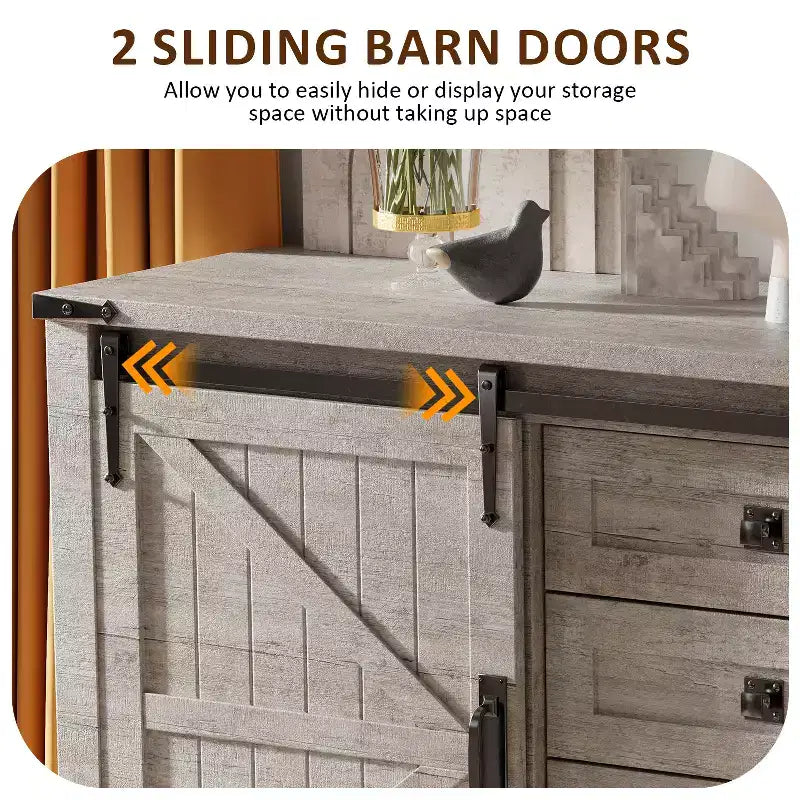 SinCiDo Farmhouse 60-cm-Schminktisch mit verschiebbarer Scheunentür und 4 Schubladen, Schubladenschrank für Wohnzimmer, Schlafzimmer und Kaffeebar
