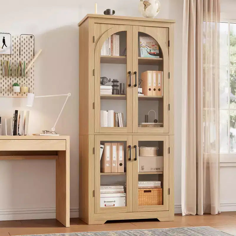 178 cm hoher Küchenschrank, moderner Vitrinenschrank mit 4 gewölbten Glastüren und verstellbaren Einlegeböden, für Küche, Wohnzimmer, Esszimmer, Badezimmer