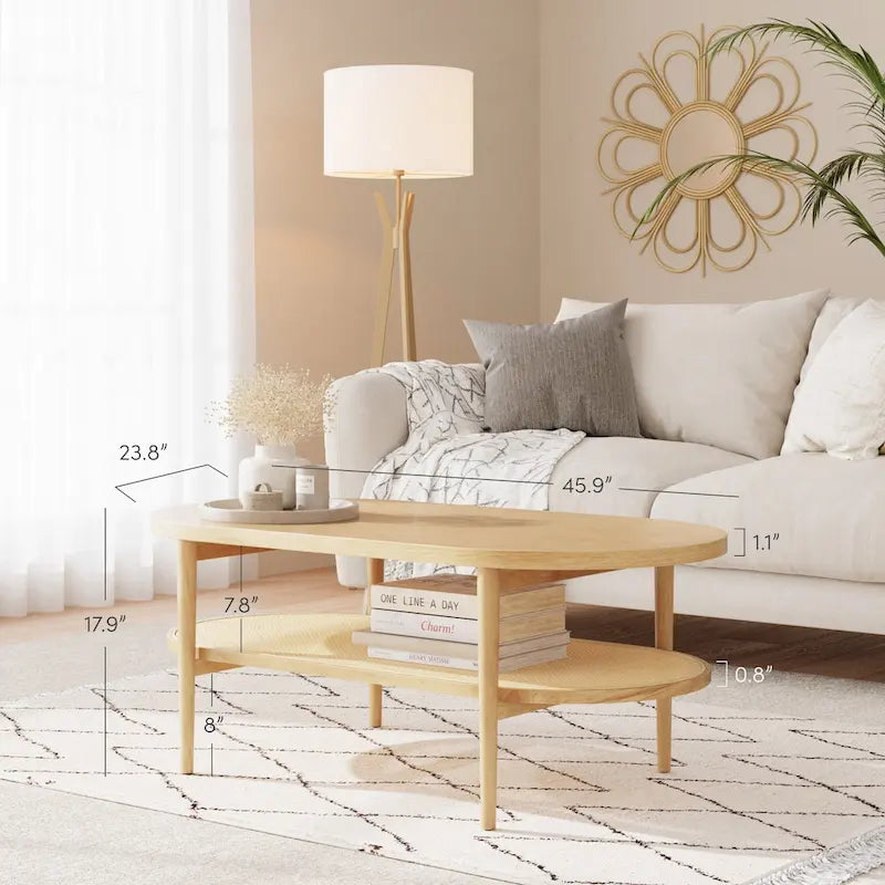 Nathan James Sonia Bohemian Couchtisch mit zwei ovalen Ebenen aus hellem Holz und Ablage aus Rattan