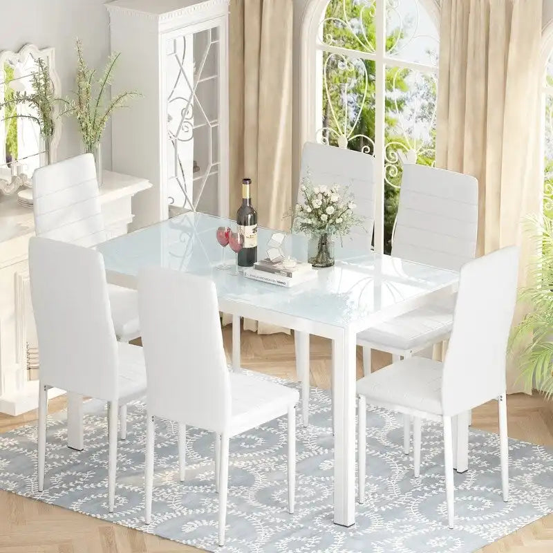 Grondin 7-teiliges Esszimmer-Set im modernen Stil mit Tischplatte aus gehärtetem Glas und 6 Stühlen mit PU-Lederpolsterung