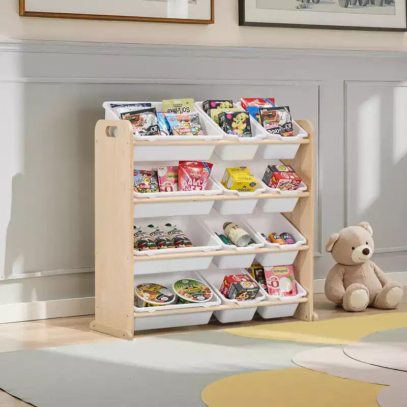 VECELO Kinder-Bücherregal mit Spielzeugaufbewahrung und 12 Körben, Spielzeugregal aus Holz für Kleinkinder, geräumige Spielzimmeraufbewahrung für Bücher oder Spielzeug