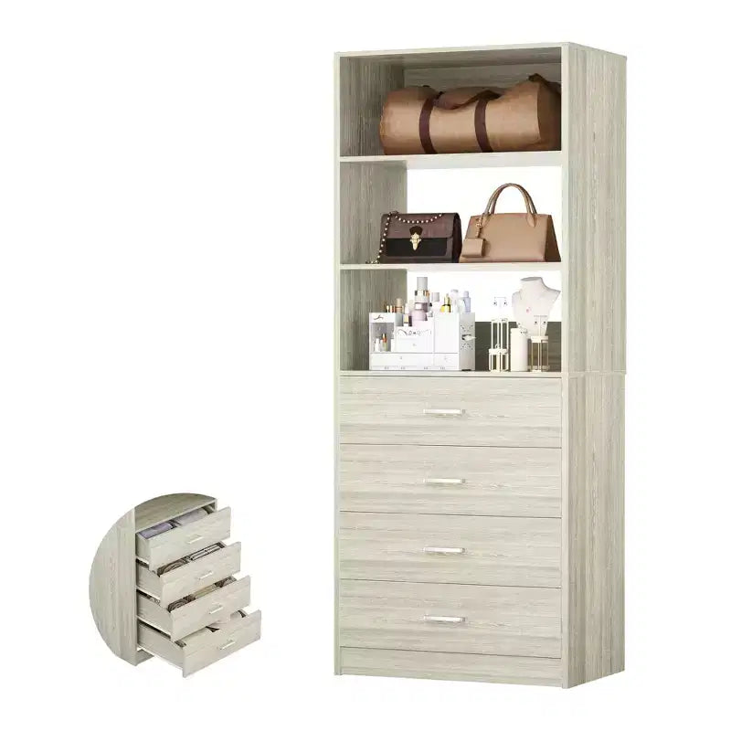 Schrankorganisationssystem mit Holzschubladen und Regalen