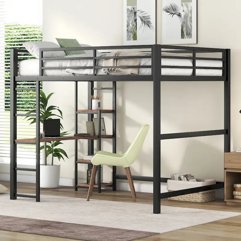 Full-Size-Hochbett aus Metall mit integriertem Schreibtisch und Ablagefächern