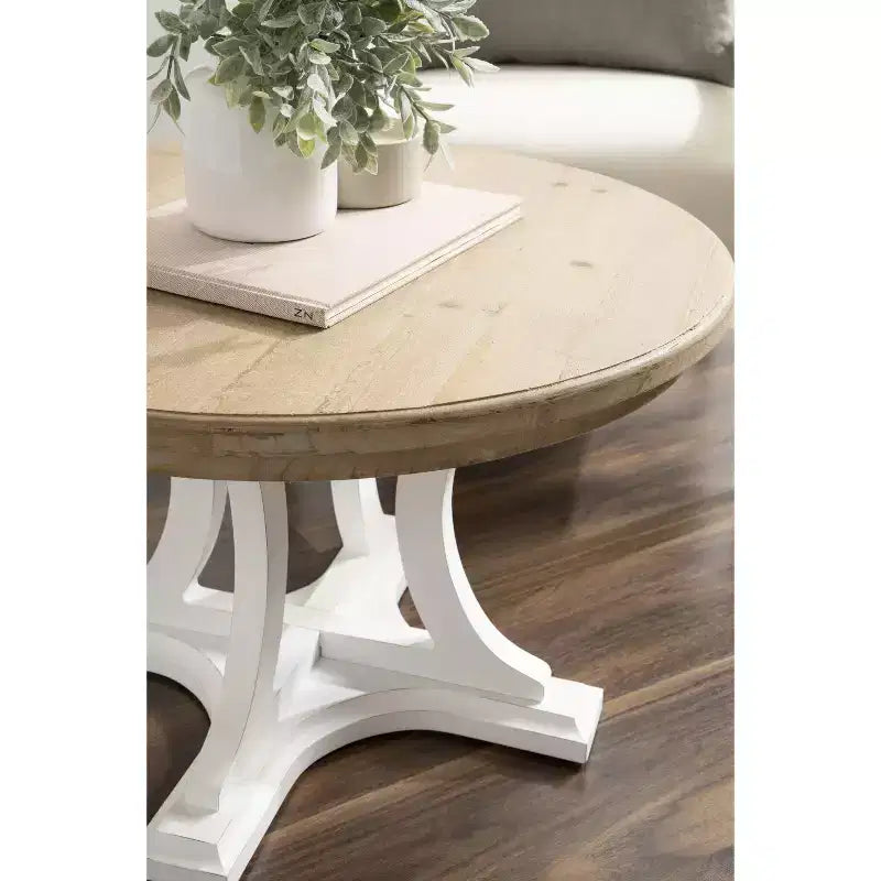 Runder Couchtisch aus Holz, rustikales Braun und Weiß, Kreuzfußgestell