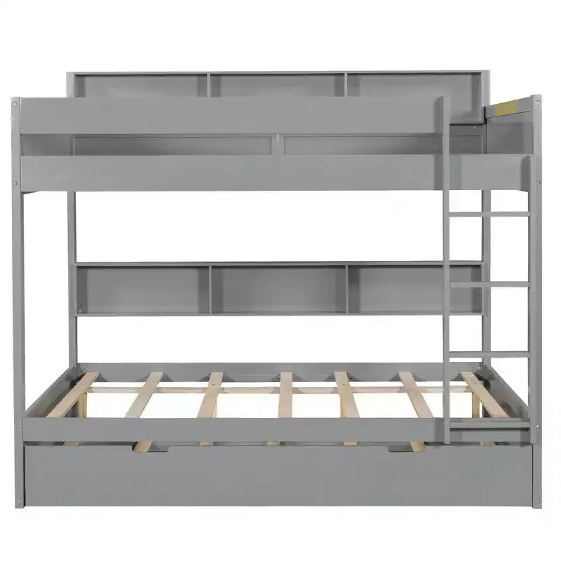 Luxystar modernes Etagenbett mit zwei vollwertigen Liegeflächen, Regalen und Ausziehbett
