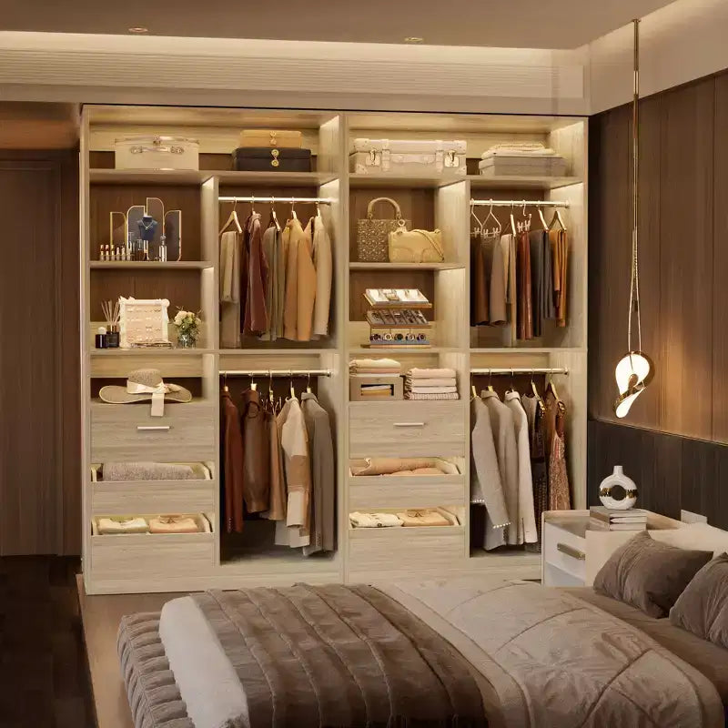 Schrank-Organizer mit Holzschubladen, freistehendes Schranksystem mit Kleiderstangen