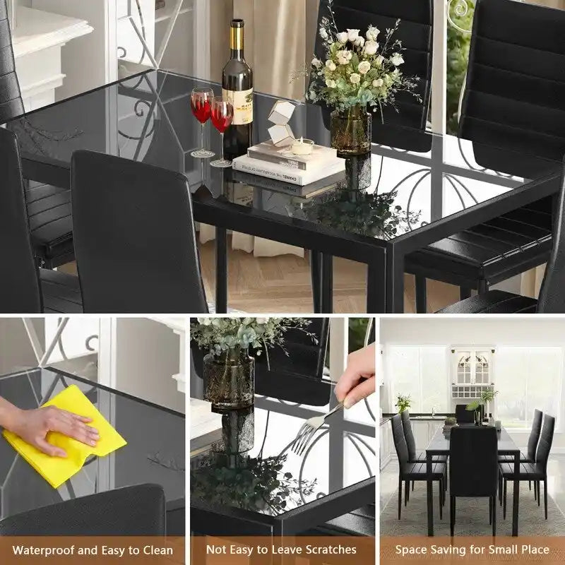 Grondin 7-teiliges Esszimmer-Set im modernen Stil mit Tischplatte aus gehärtetem Glas und 6 Stühlen mit PU-Lederpolsterung