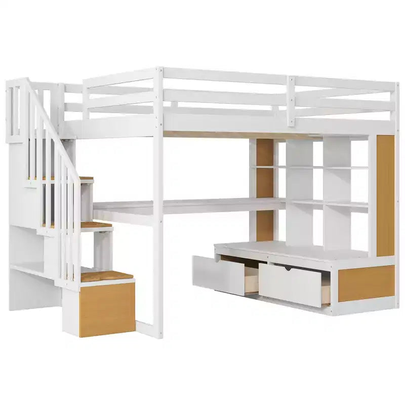 Full-Size-Hochbett mit Treppe und Schreibtisch, Hochbettgestell aus Holz mit Staufächern und Bücherregalen für Erwachsene, Teenager und Kinder