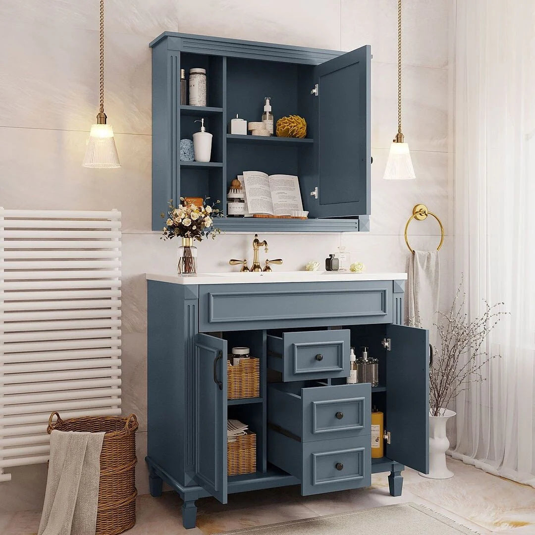 36" Moderner Badezimmer-Waschtisch mit Aufsatzwaschbecken und Spiegelschrank, 2 Türen und 2 Schubladen