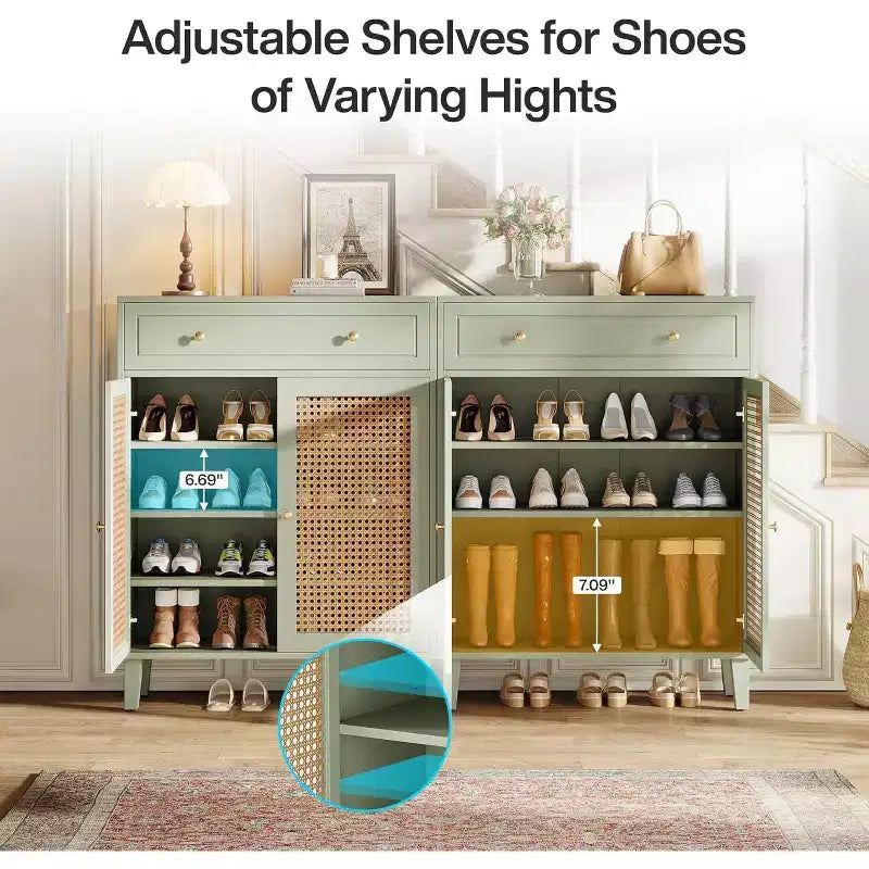 Lantine moderner Boho-Schuhschrank mit 6 Ebenen, Türen, Schublade und verstellbarem Einlegeboden. Rattan-Design, mintgrün. Ideal für Flur und Wohnzimmer.