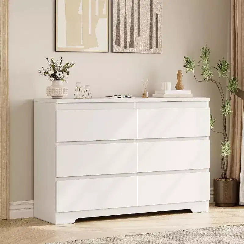 Kommode mit 6 Schubladen, schlichte, moderne Schlafzimmerkommode, Weiß
