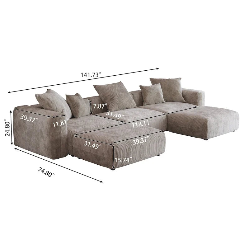 141.73 Modulares Ecksofa, U-förmiges Cord-Sofa mit Ottomanen