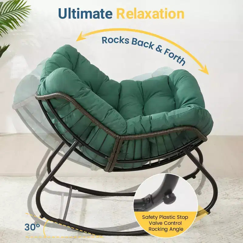 Heynemo Terrassen-Schaukelstuhl mit Hocker, Eiformiger Schaukelstuhl für drinnen und draußen mit Kissen, Überdimensionaler Papasan-Loungesessel aus Metall, Lesesessel
