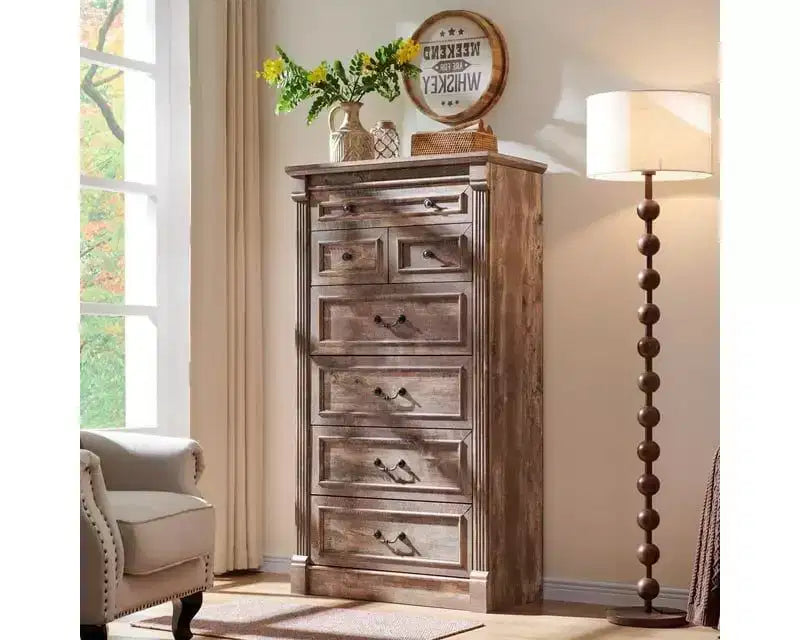 Mastgoal 57 Bauernhaus-Kommode mit 7 Schubladen, rustikaler Holzschrank mit römischer Säule für das Schlafzimmer