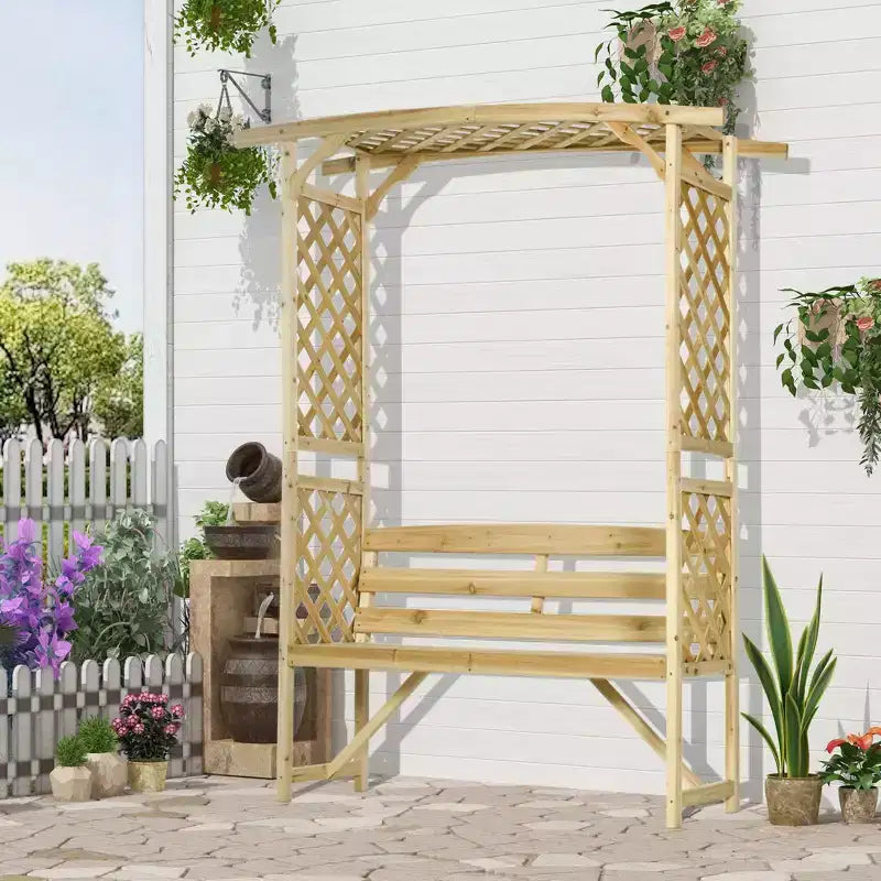 Outsunny Gartenbank mit Pergola-Bogen und 2 Rankgittern, 3-Sitzer Gartenbank aus Holz für Kletterpflanzen und Weinreben