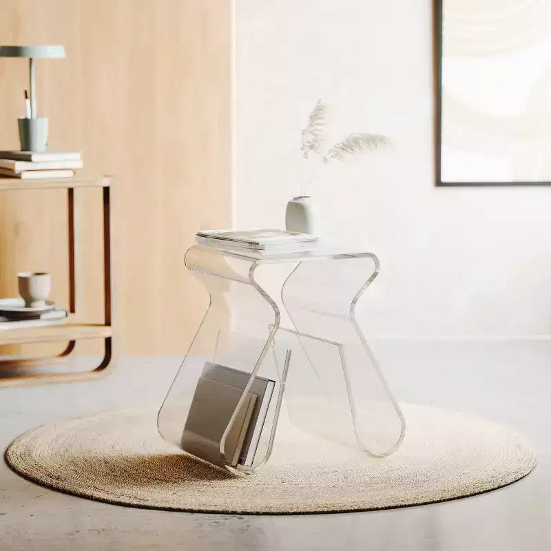 Magino-Hocker und Zeitschriftenständer, transparent: bruchsicheres Acryl, keine Montage erforderlich