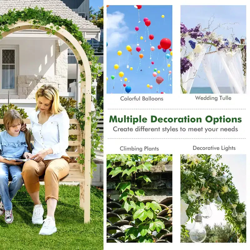 Costway Gartenbank aus Holz mit Rundbogen-Pergola, Gartenpavillon mit Rückenlehne, Terrassen-Rankgerüst