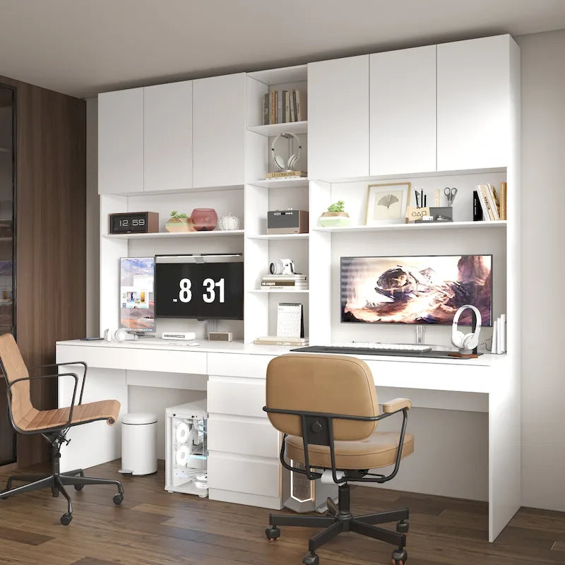 Moderner Doppel-Arbeitsplatz, geräumiger weißer Gaming- und Bürotisch