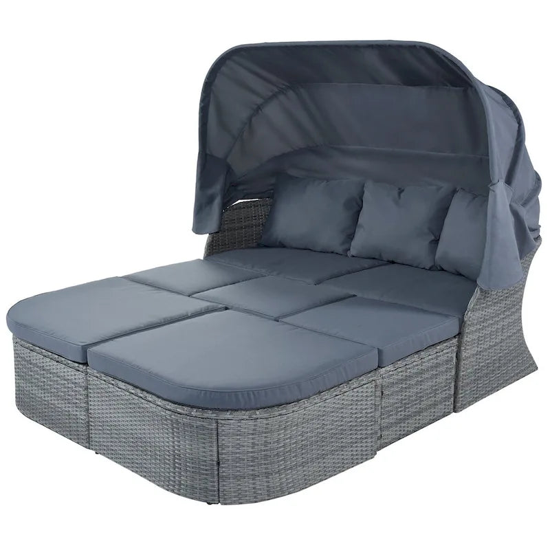 Graues Outdoor-Tagesbett aus Korbgeflecht mit Polstern und ausziehbarem Sonnendach
