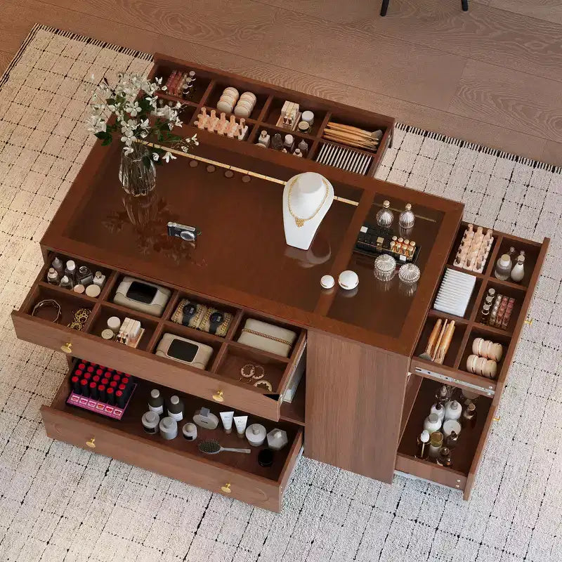 Kleiderschrank-Insel mit 6 Schubladen, Glas-Präsentationsplatte & offenen Regalen