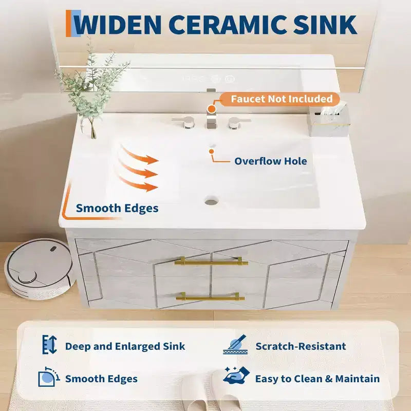 Modernes hängendes Badezimmer-Waschtischset mit Waschbecken – Wandmontierter Unterschrank mit Soft-Close-Schublade und goldenem Griff, Größe 24 oder 30 Zoll