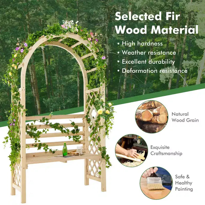 Costway Gartenbank aus Holz mit Rundbogen-Pergola, Gartenpavillon mit Rückenlehne, Terrassen-Rankgerüst