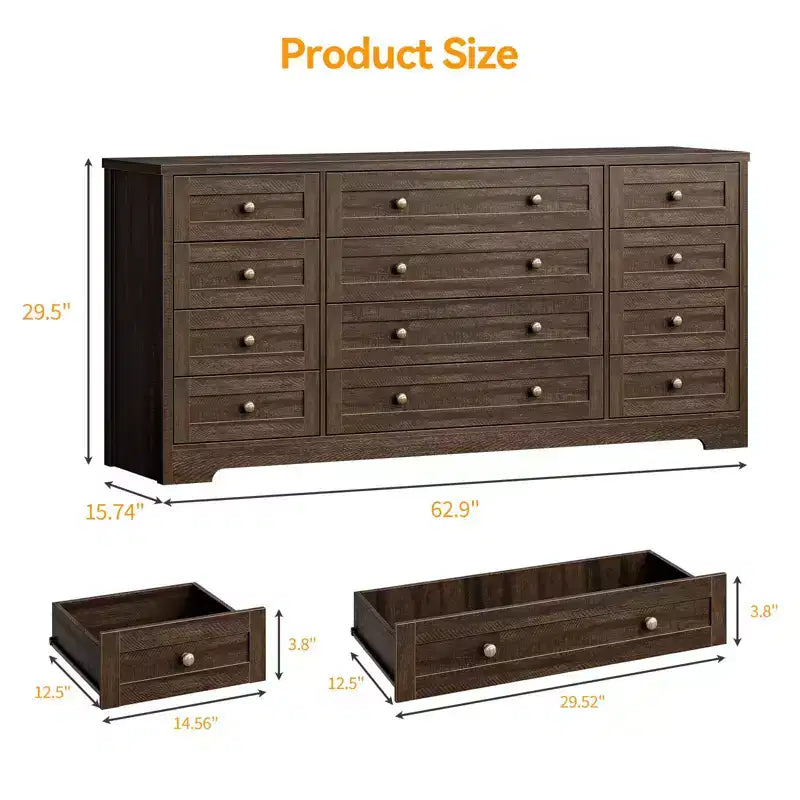 Kommode mit 12 Schubladen für das Schlafzimmer, aus Holz, moderner breiter TV-Ständer für 65-Zoll-Fernseher, Holz-Schubladenkommode, Landhausstil-Kleiderschrank für das Wohnzimmer