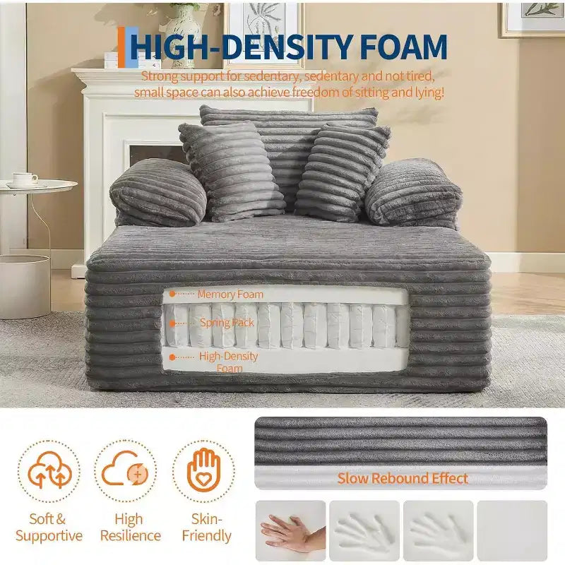 Übergroßes Chaiselongue-Sofa, Cord-Schlafsofa mit Kissen und breiten Armlehnen für Wohnzimmer, Schlafzimmer und Heimkino
