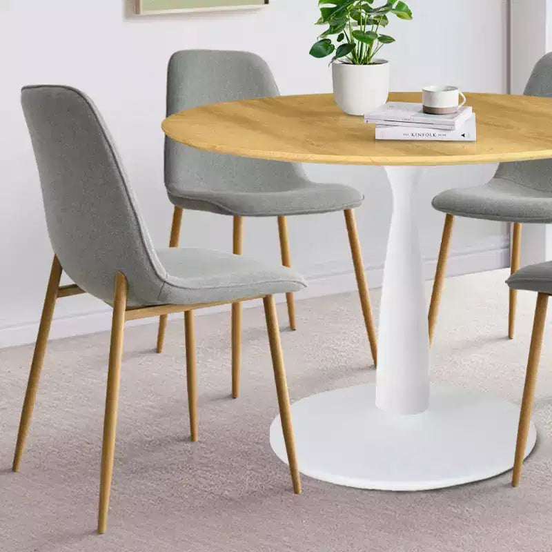 5-teiliges Esszimmerset, runder 37-Zoll-Tisch mit Säulenfuß und Holzoptik-Platte sowie gepolsterten, geschwungenen Stühlen, moderner Stil – Panipeachy
