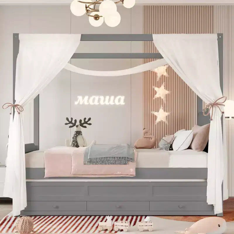 Doppel-/Einzelbett-Plattformbett mit Ausziehbett, Prinzessinnen-Himmelbett aus Holz mit 3 Schubladen, Stauraumbett mit gepolstertem Kopfteil für das Schlafzimmer