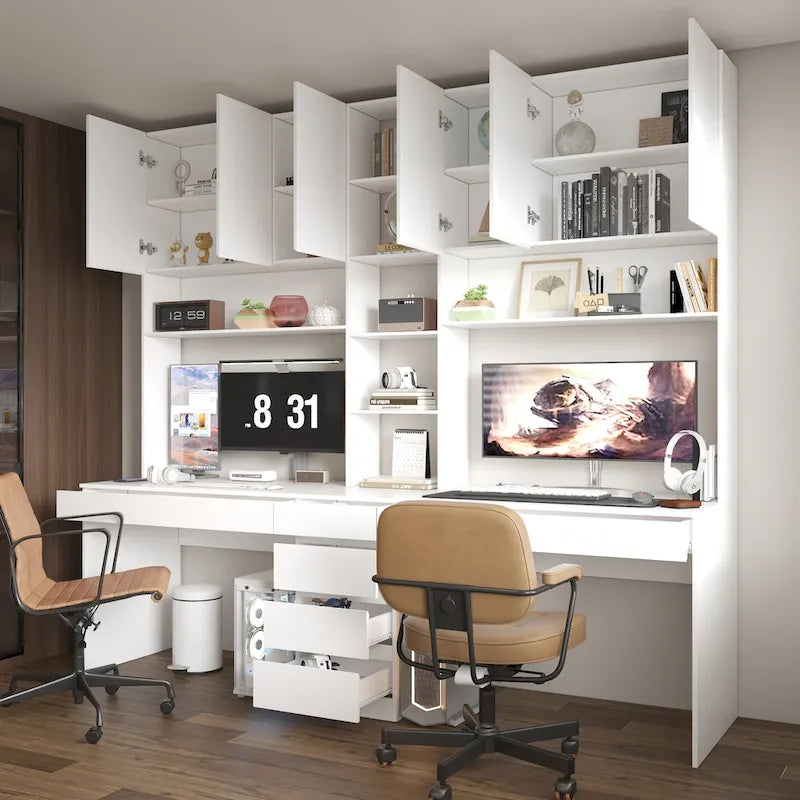 Moderner Doppel-Arbeitsplatz, geräumiger weißer Gaming- und Bürotisch