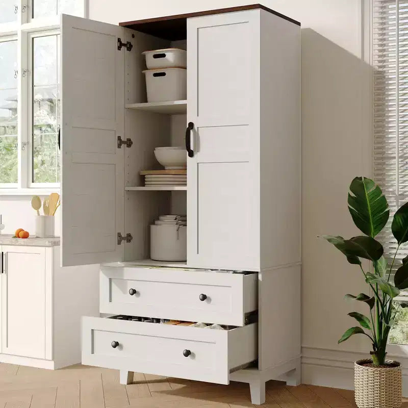165 cm hoher Vorratsschrank mit verstellbaren Einlegeböden, Bauernhaus-Küchenschrank aus Holz mit 2 Türen & 2 Schubladen, freistehendes Bücherregal für Esszimmer, Wohnzimmer