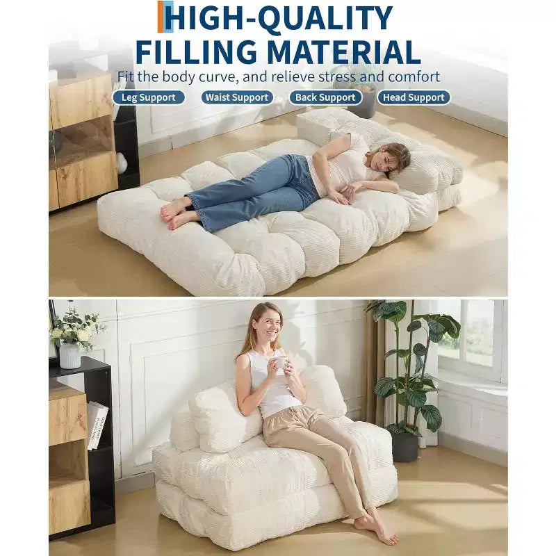 3-in-1-Klappsofa mit Schlaffunktion, umwandelbarer Schlafsessel mit Kissen, tragbarer ausklappbarer Sessel mit Schlaffunktion, bequemes Bodensofa mit Rückenstütze fürs Wohnzimmer, Beige
