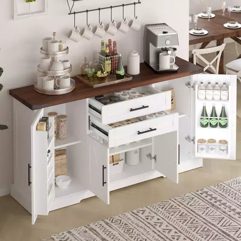 Zeus & Ruta 63 Bauernhaus-Aufbewahrungsschrank mit Scheunentor, 2 Schubladen, verstellbaren Einlegeböden, Kaffeebar-Buffet für Küche, Flur und Esszimmer