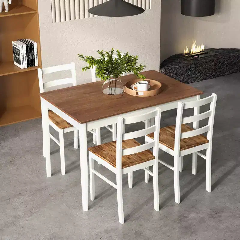 Costway 5-teiliges Esszimmer-Set Massivholz Küchenmöbel mit rechteckigem Tisch & 4 Stühlen Natur/Kaffee/Grau