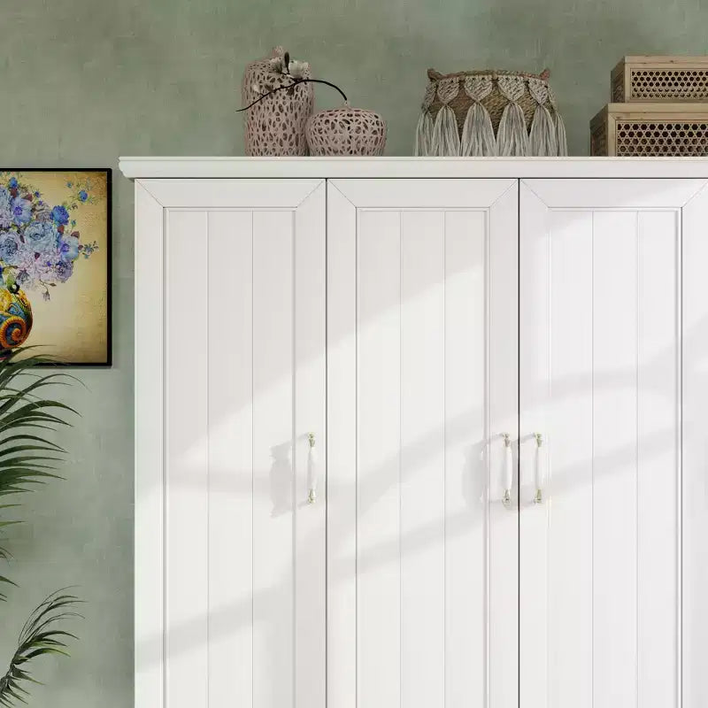 Weiße Holz-Kleiderschrank, 156 cm, mit 2 Schubladen, Kleiderstange und Einlegeböden