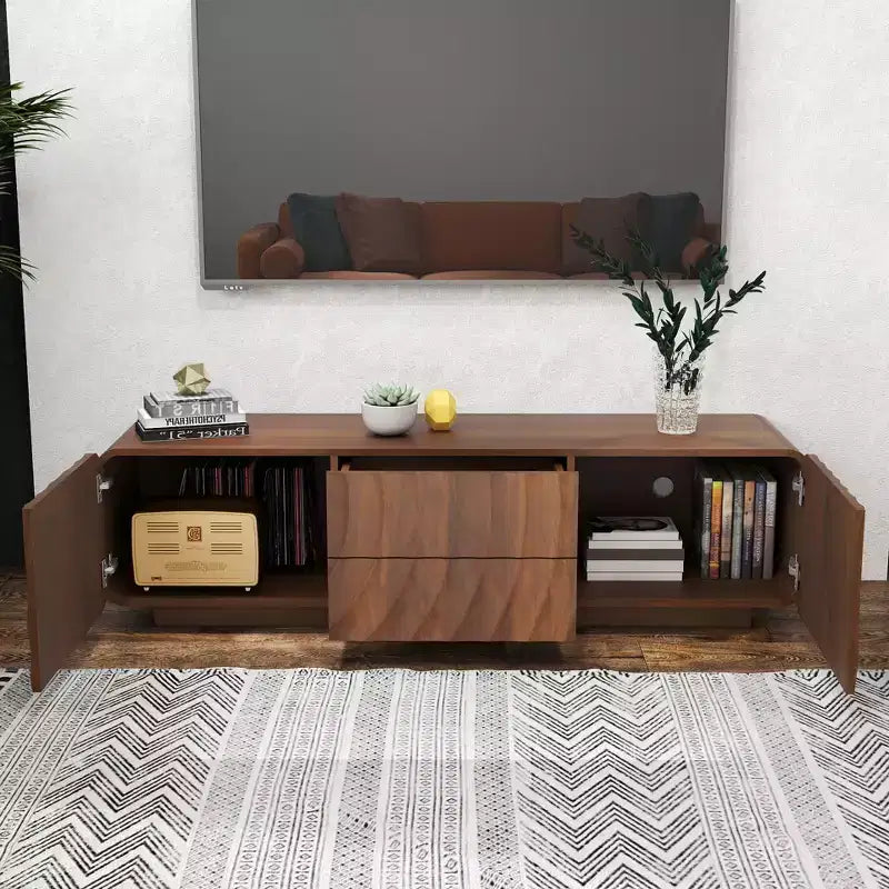 JVNOXK 58-Zoll-TV-Board, Mid-Century-Spiralwellendesign, mit Stauraumschrank und zwei Schubladen, geeignet für Wohnzimmer oder Schlafzimmer, Walnuss