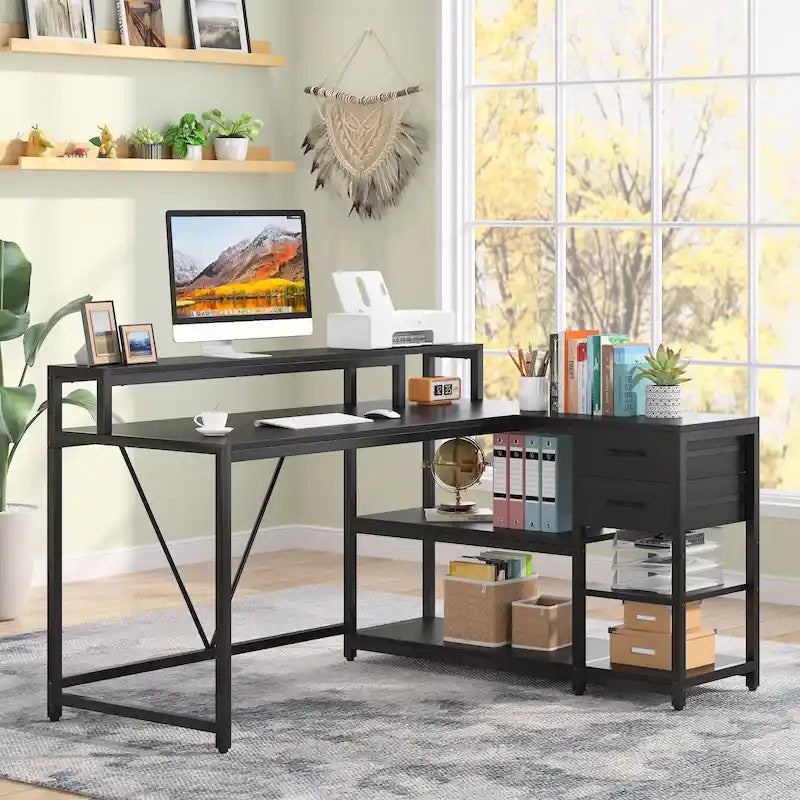 L-förmiger Schreibtisch mit Schublade, Eckschreibtisch für das Home-Office mit Ablagefächern und Monitorständer, rustikaler PC-Tisch für kleine Räume